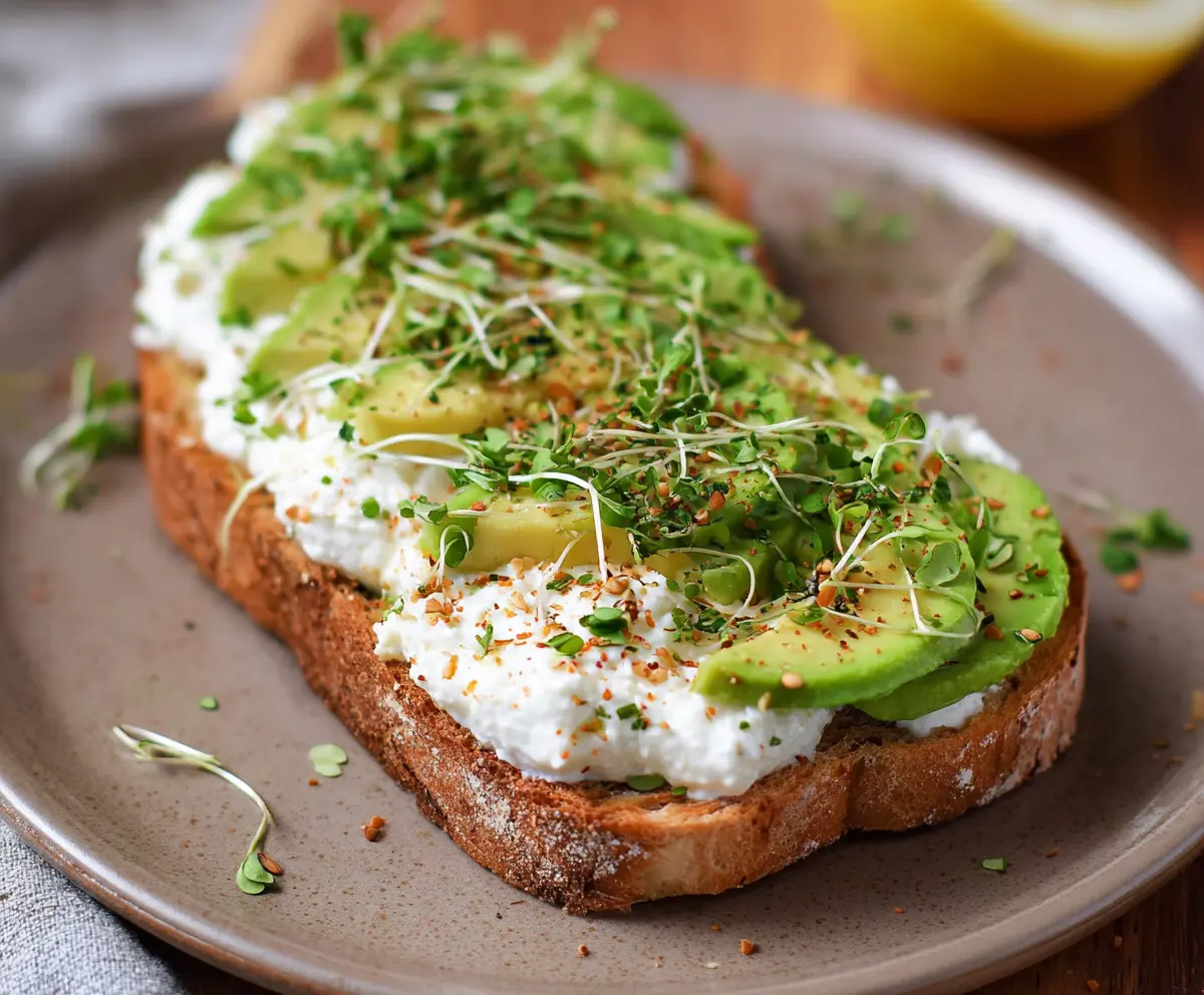 Creamy cottage cheese and ripe avocado toast on whole grain bread, garnished with herbs for a healthy breakfast.