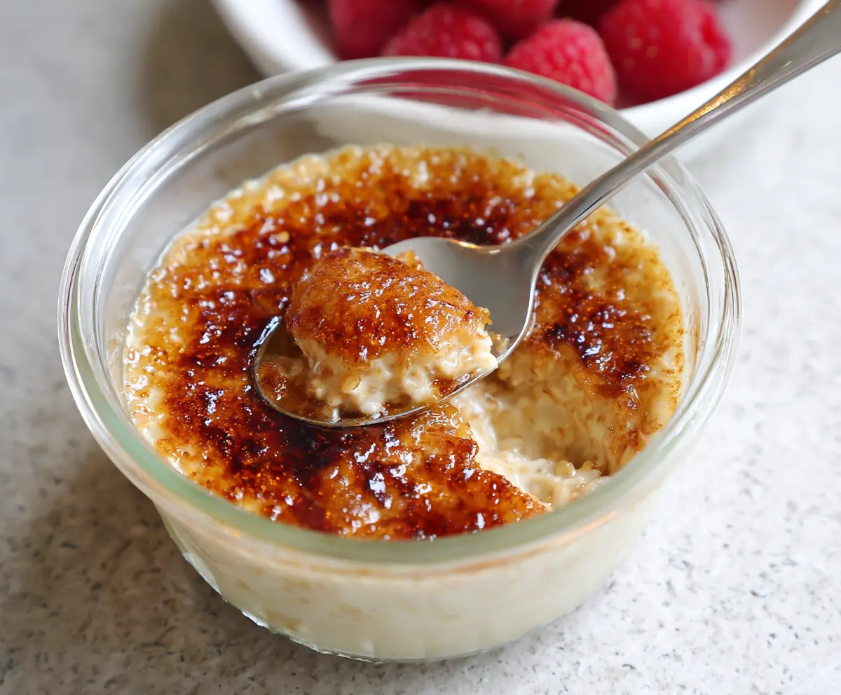 Creamy Crème Brûlée Overnight Oats topped with caramelized sugar and fresh berries for a luxurious breakfast.
