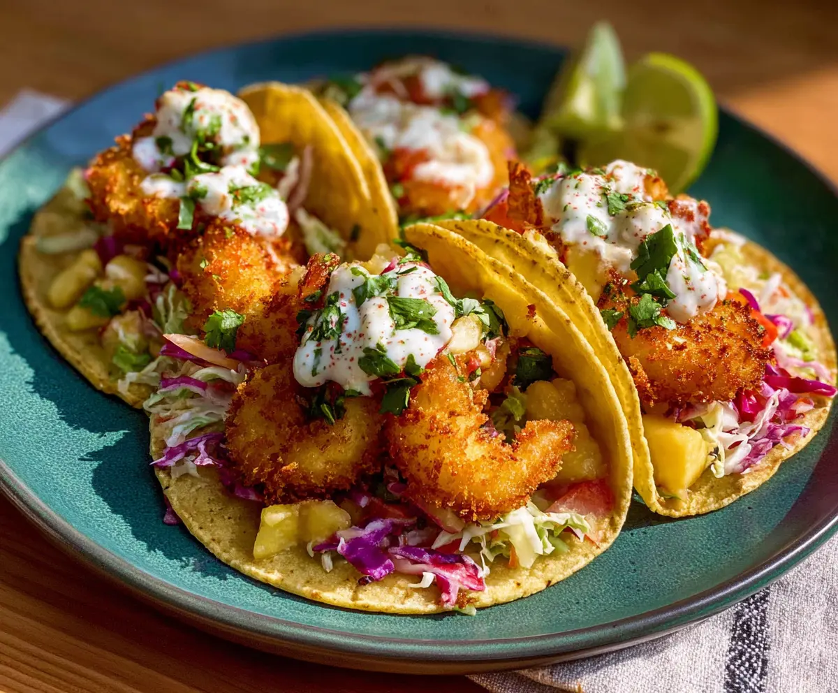 Crispy coconut shrimp tacos served with fresh lime and colorful vegetables on a white plate.
