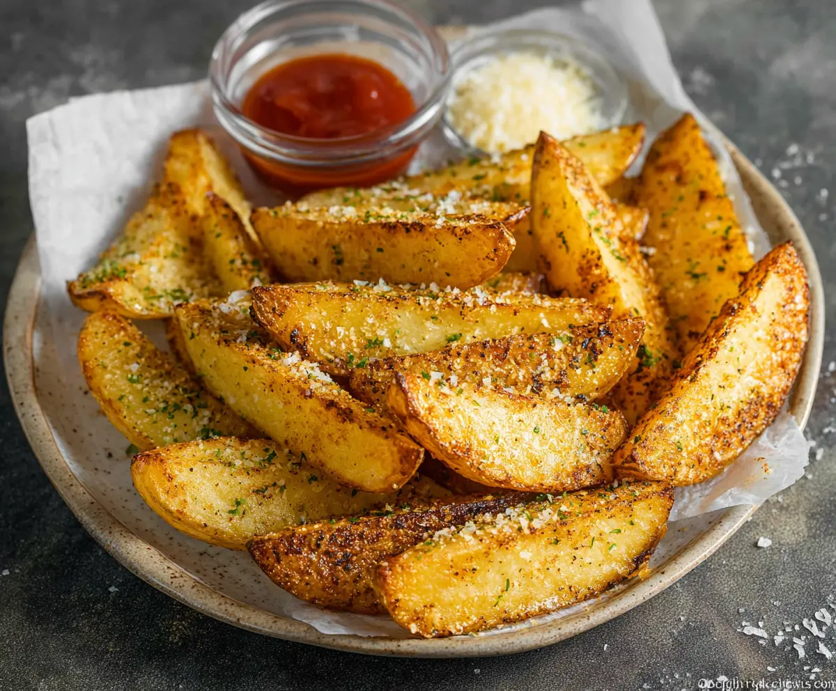 Crispy seasoned potato wedges served on a rustic plate with herbs and spices