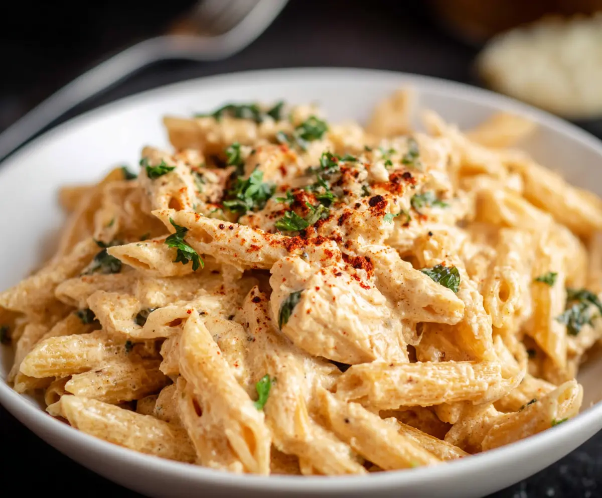 Hearty crockpot chicken pasta dish with tender chicken, pasta, and vegetables in a creamy sauce.