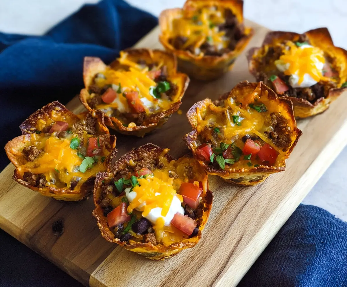 Delicious Crunchy Nacho Cups filled with melted cheese and savory toppings, perfect for snack time.