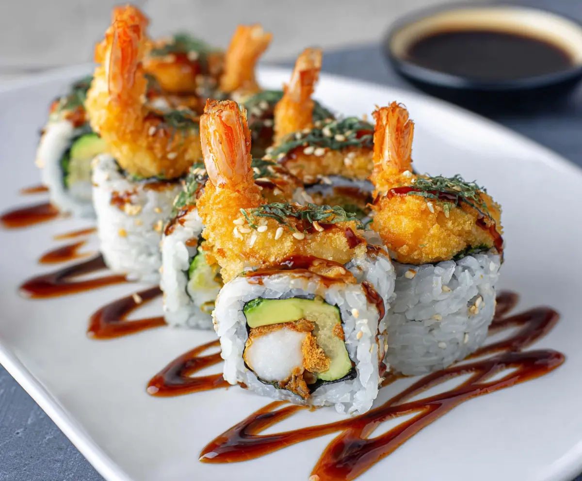 Delicious Crunchy Shrimp Tempura Sushi Roll garnished with sesame seeds and fresh herbs.