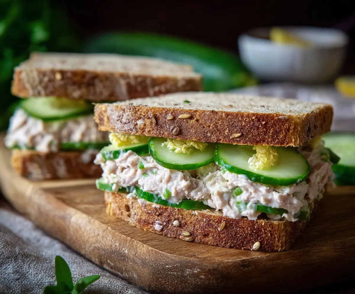 Delicious cucumber tuna sandwich with fresh vegetables and creamy filling.