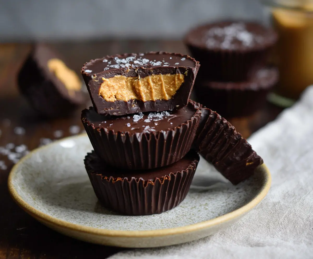 Delicious homemade dark chocolate peanut butter cups on a plate, perfect for a sweet treat.
