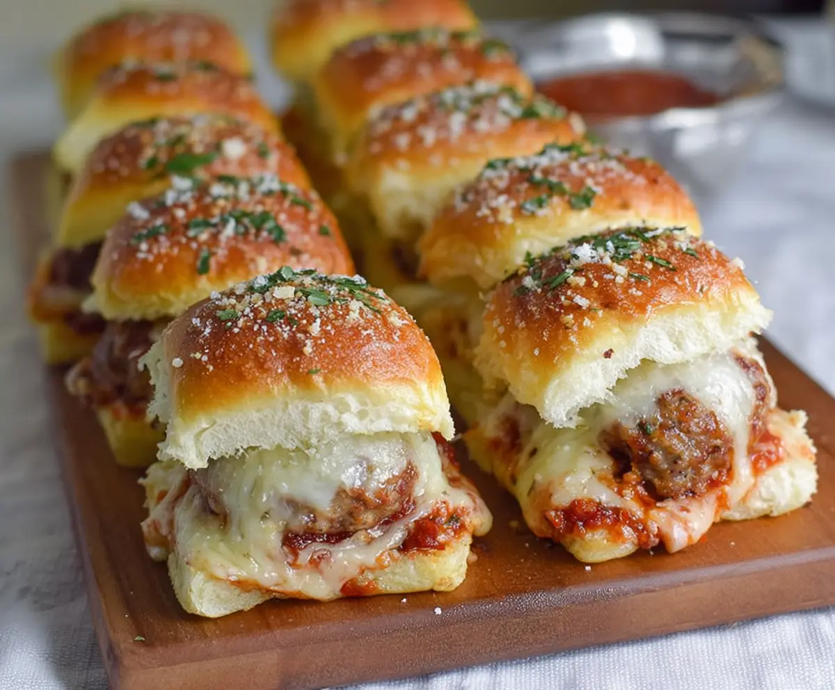 Close-up of delicious Garlic Parmesan Meatball Sliders topped with melted cheese and fresh herbs.