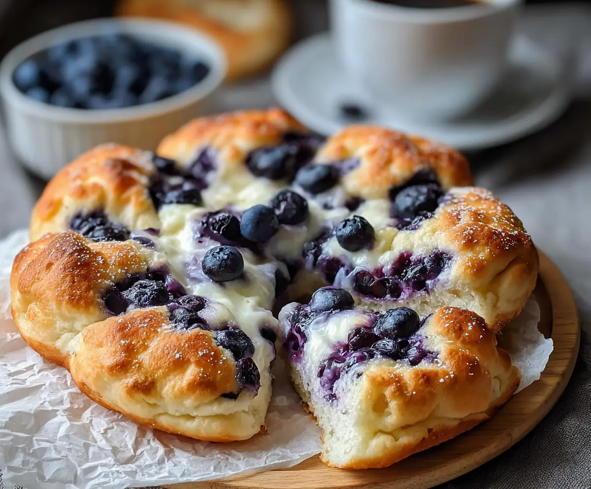 Delicious fluffy cottage cheese blueberry cloud bread on a plate, showcasing its airy texture and vibrant blueberries.