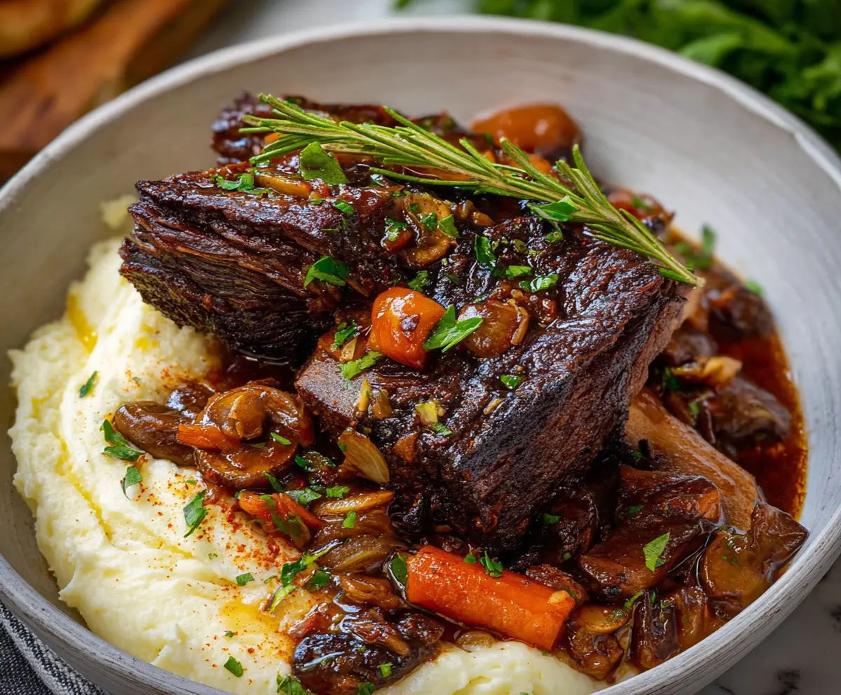 Delicious French-style braised short ribs served with vegetables and herbs.