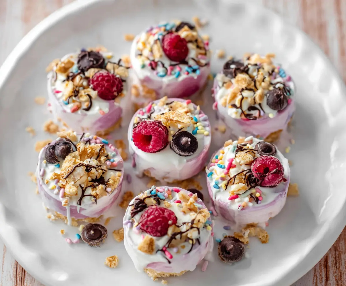 Delicious frozen Greek yogurt bites with fruit toppings on a white plate