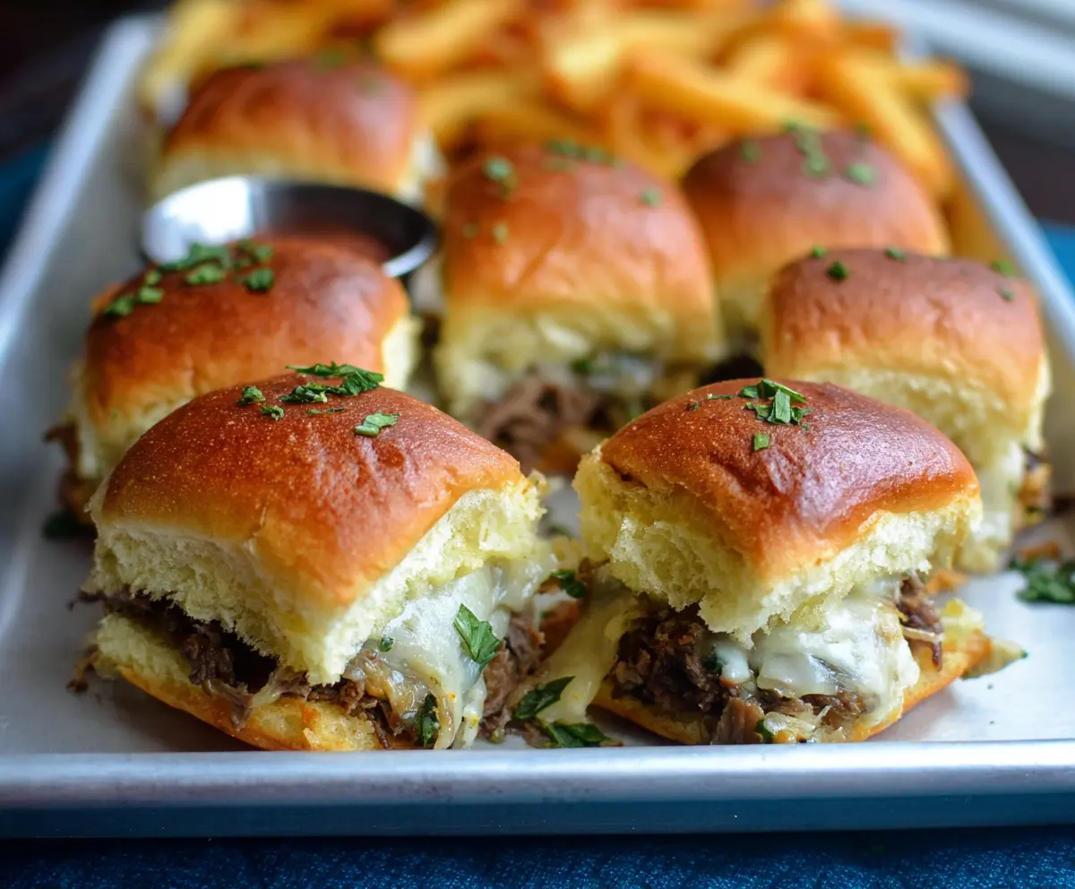 Delicious Game Day Philly Cheesesteak Sliders with melted cheese and tender steak on mini sandwich buns