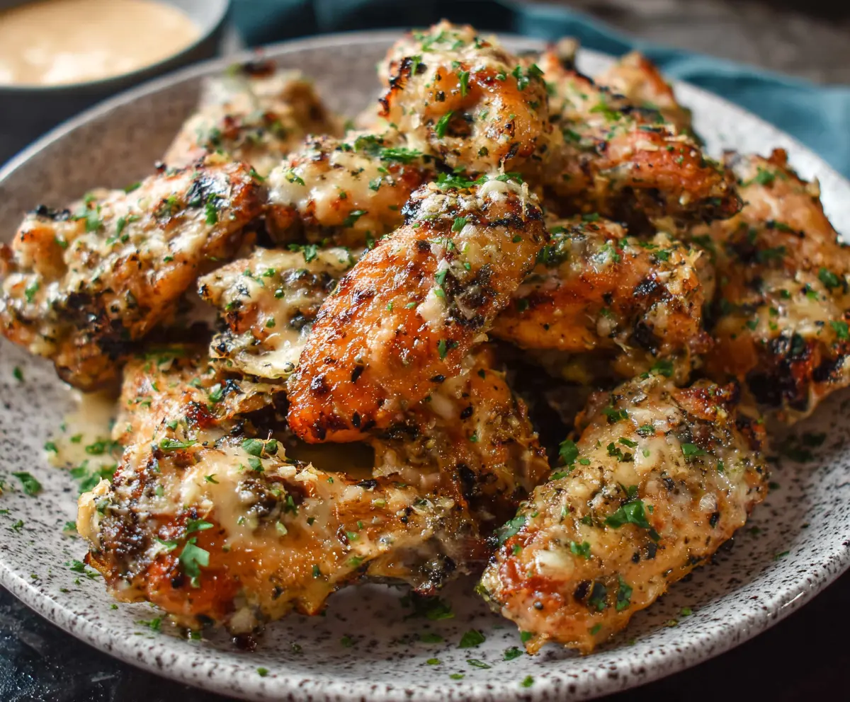 Delicious garlic Parmesan wings garnished with herbs on a platter, perfect for game day snacks