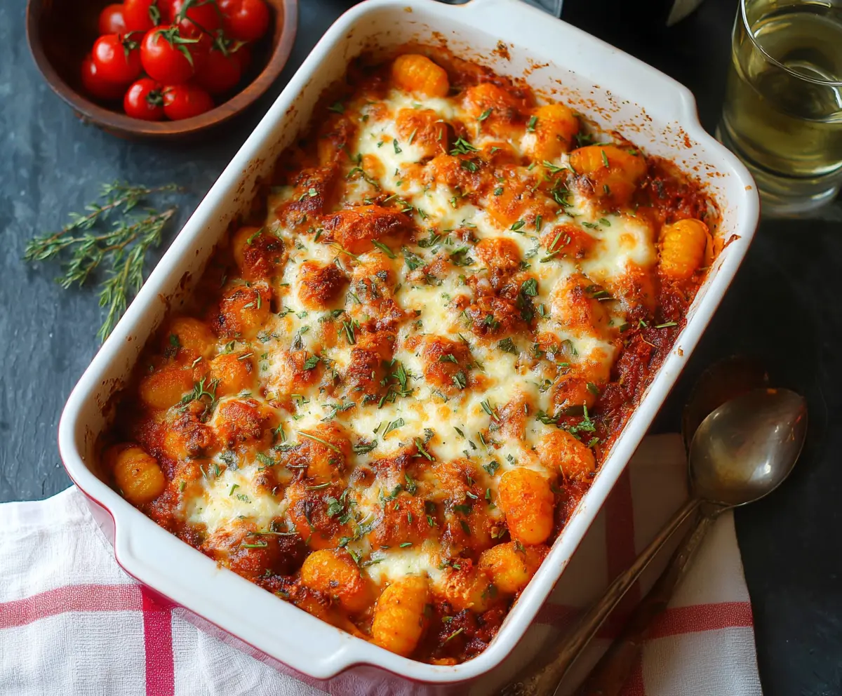 Delicious Gnocchi Pasta Bake garnished with fresh herbs, ready to serve.