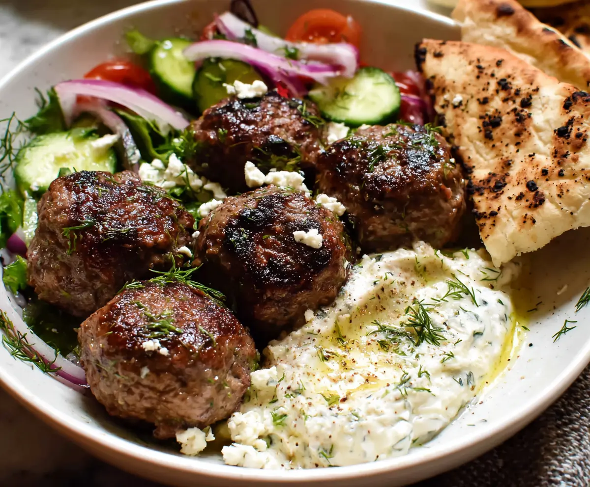 Delicious Greek meatballs served with fresh herbs and lemon wedges on a white plate.