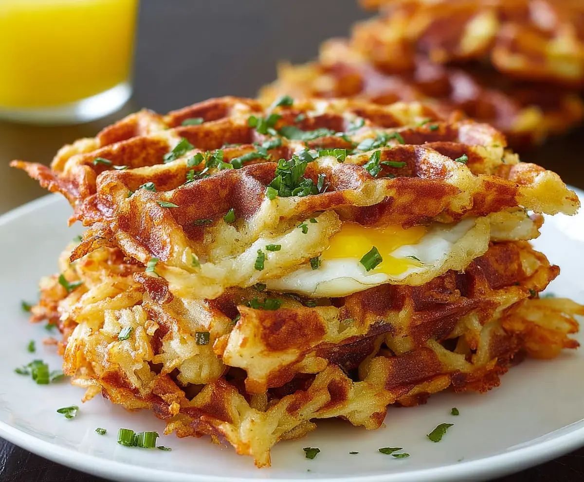 Crispy Hash Brown Waffles served with fresh herbs on a white plate