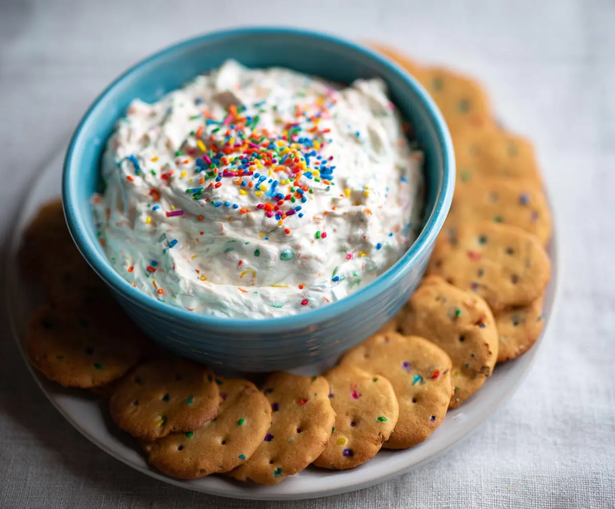 Creamy homemade Dunkaroo Dip served with colorful cookies for a delicious snack.