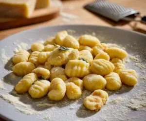 Delicious homemade potato gnocchi served with fresh herbs on a rustic plate.