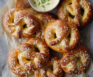 Delicious homemade pretzels served with creamy queso dip, perfect for a snack or appetizer.