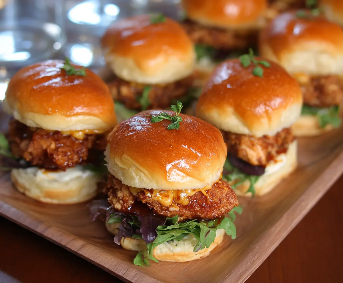 Delicious Hot Honey Chicken Sliders on a plate with fresh toppings