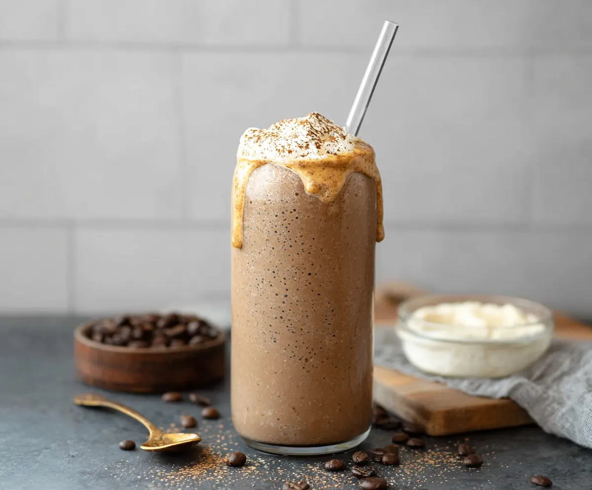 Refreshing iced coffee protein shake in a glass, perfect for a healthy and energizing snack.