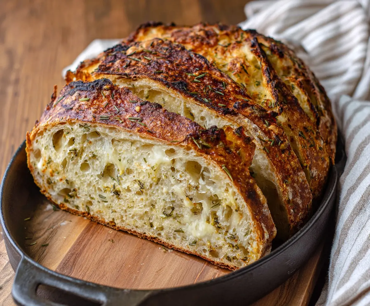 Golden Italian Herb and Cheese Sourdough Bread with aromatic herbs and melted cheese, freshly baked and crusty.