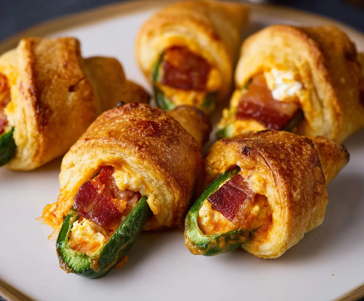 Delicious Jalapeño Popper Pigs In A Blanket appetizer with melted cheese and spicy jalapeños wrapped in a flaky pastry.