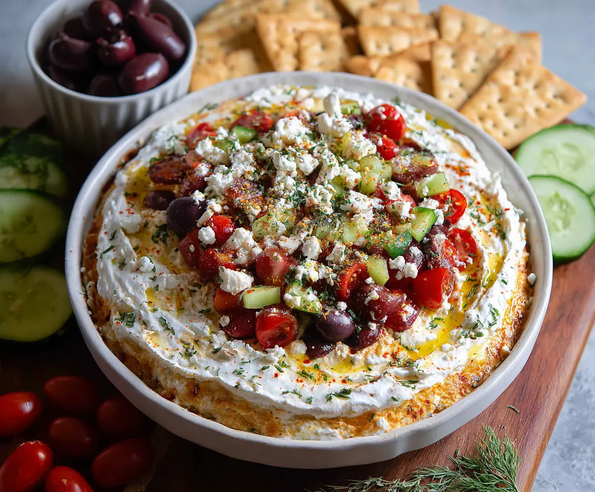 Delicious layered Greek dip with colorful vegetables and creamy toppings on a white plate.