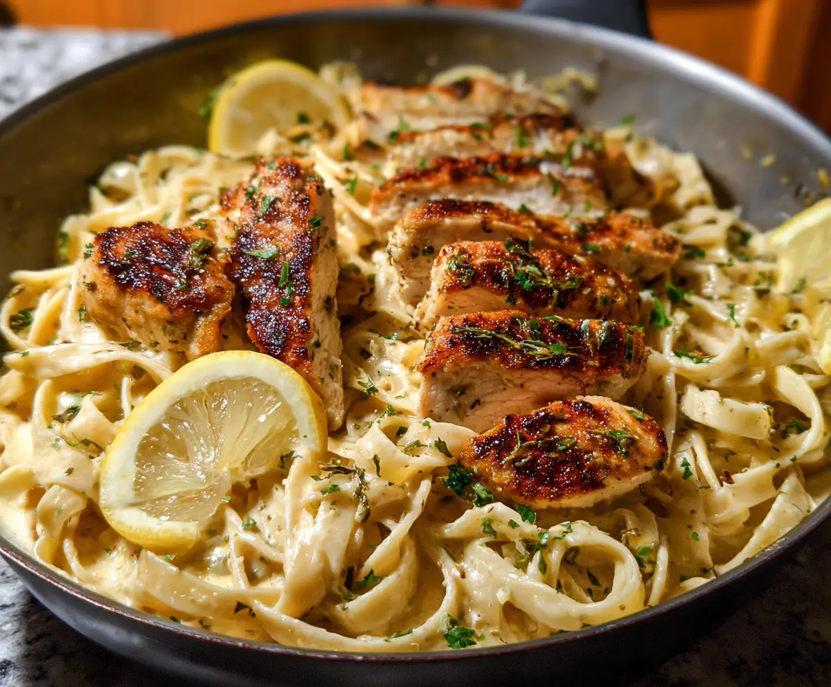 Delicious Lemon Chicken Pasta dish with fresh herbs and vibrant lemon slices