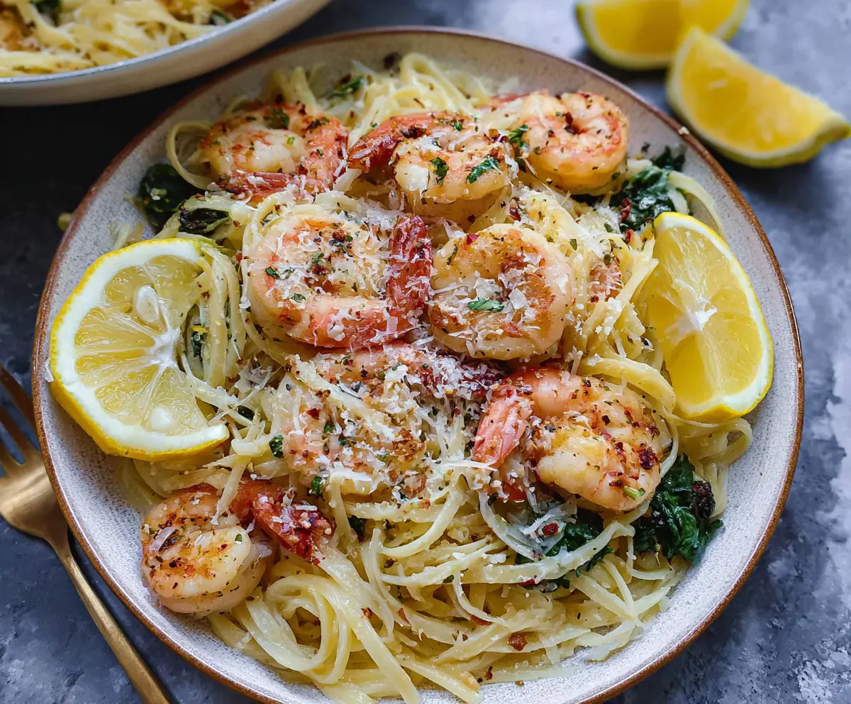 Delicious Lemon Garlic Parmesan Shrimp Pasta served on a plate with fresh herbs