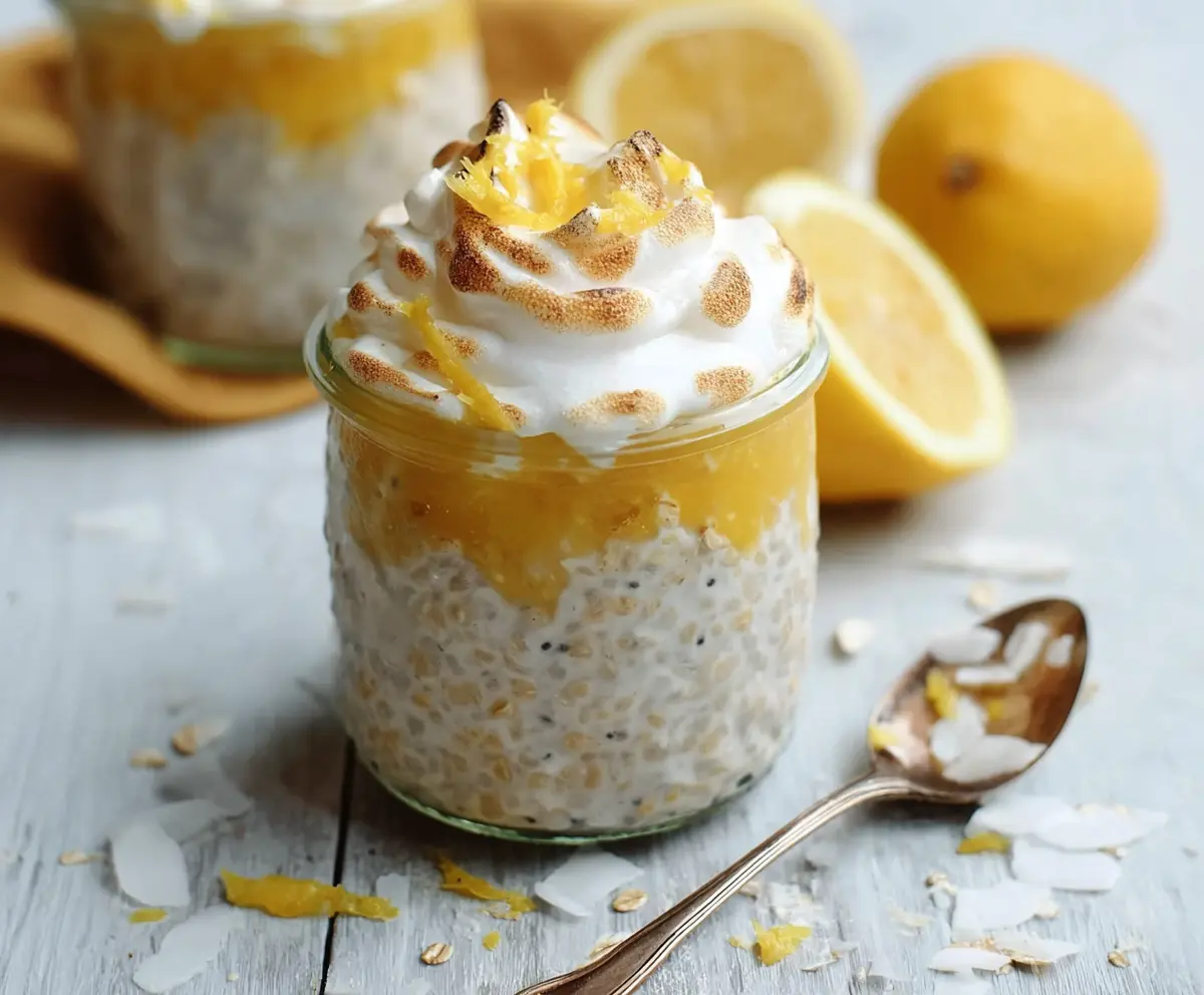 Creamy Lemon Meringue Pie Overnight Oats topped with fluffy meringue and fresh lemon slices in a glass jar.