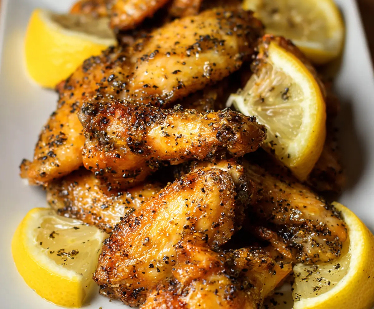 Crispy Lemon Pepper Wings garnished with lemon slices on a white plate