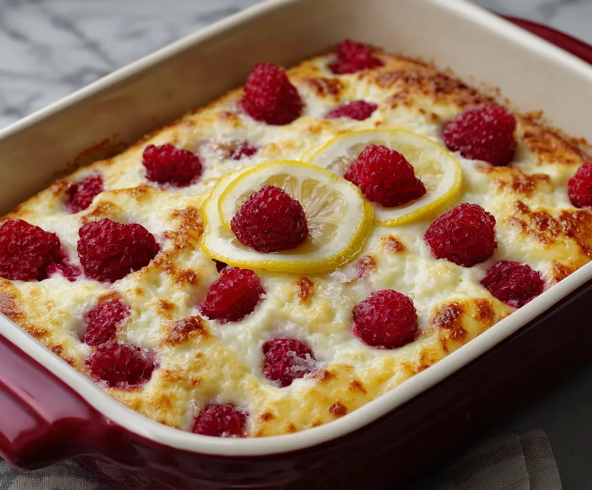 Delicious Lemon Raspberry Cottage Cheese Bake served on a plate garnished with fresh raspberries and lemon slices.