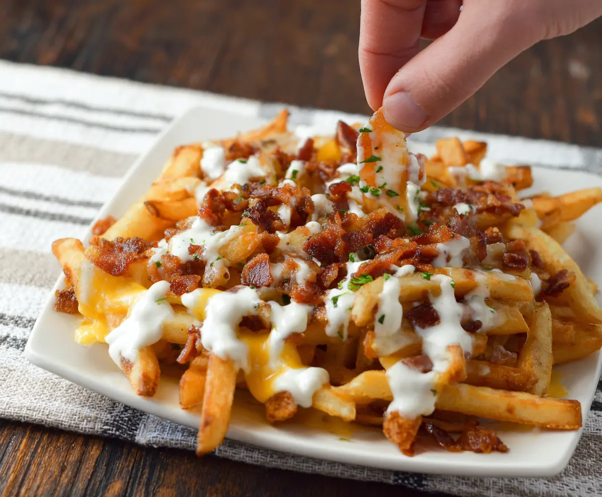 Crispy loaded French fries topped with bacon, melted cheese, and fresh herbs for Loaded Bacon Ranch Fries.