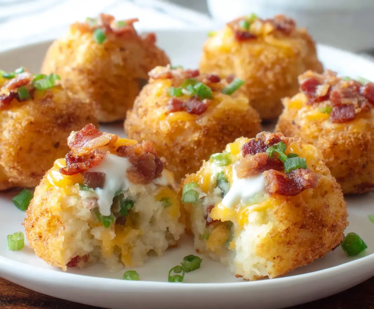 Delicious loaded mashed potato bites topped with cheese, bacon, and chives on a rustic serving plate.