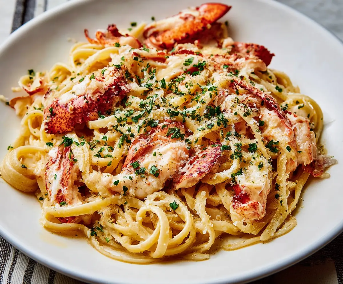 Delicious lobster pasta dish with fresh seafood and al dente noodles served on a white plate.