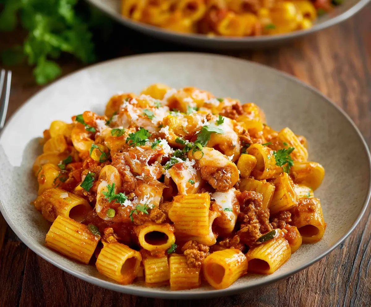 Colorful Mexican Pasta dish with vibrant vegetables and melted cheese on a rustic plate.