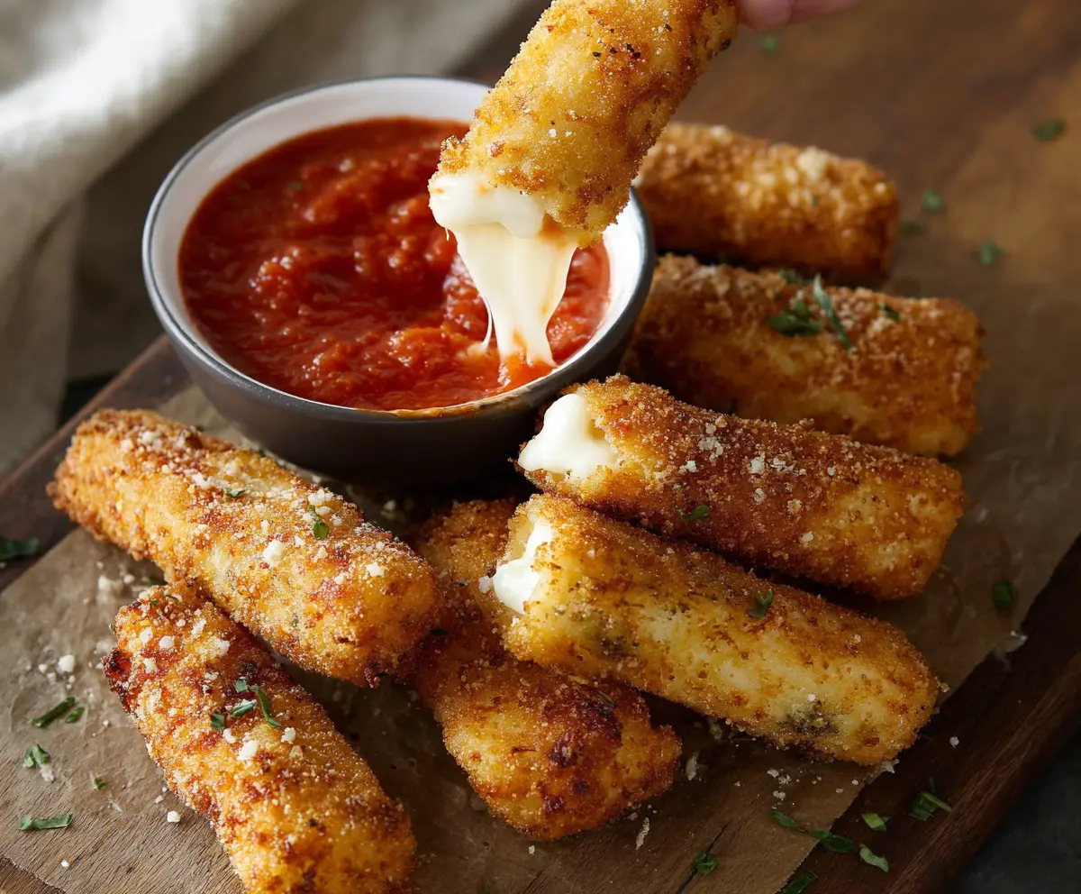 Golden mozzarella sticks served with a side of rich marinara sauce, perfect for as an appetizer or snack.