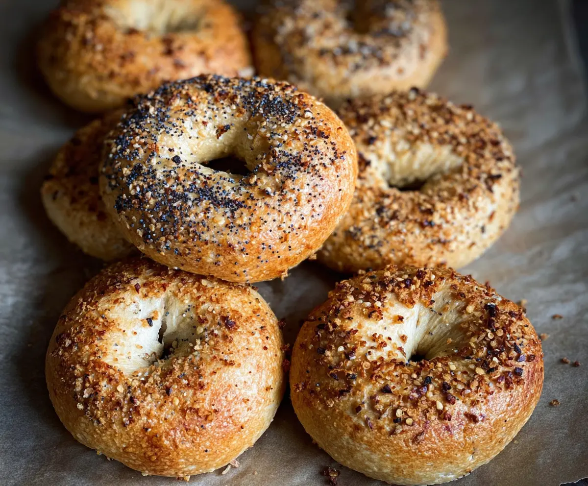 Delicious no yeast sourdough discard bagels on a cutting board, showcasing their golden-brown crust and chewy interior.