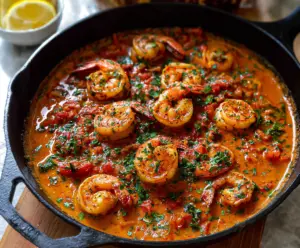 Delicious paprika shrimp skillet served with fresh herbs on a rustic dinner plate.