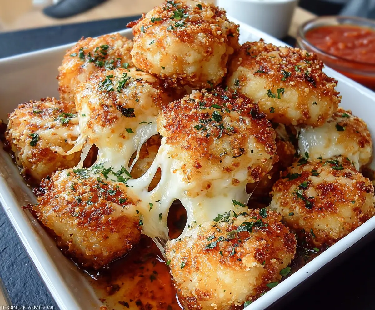 Golden Parmesan mozzarella bites with crispy exterior and gooey cheese filling, perfect appetizer for parties and snacks.