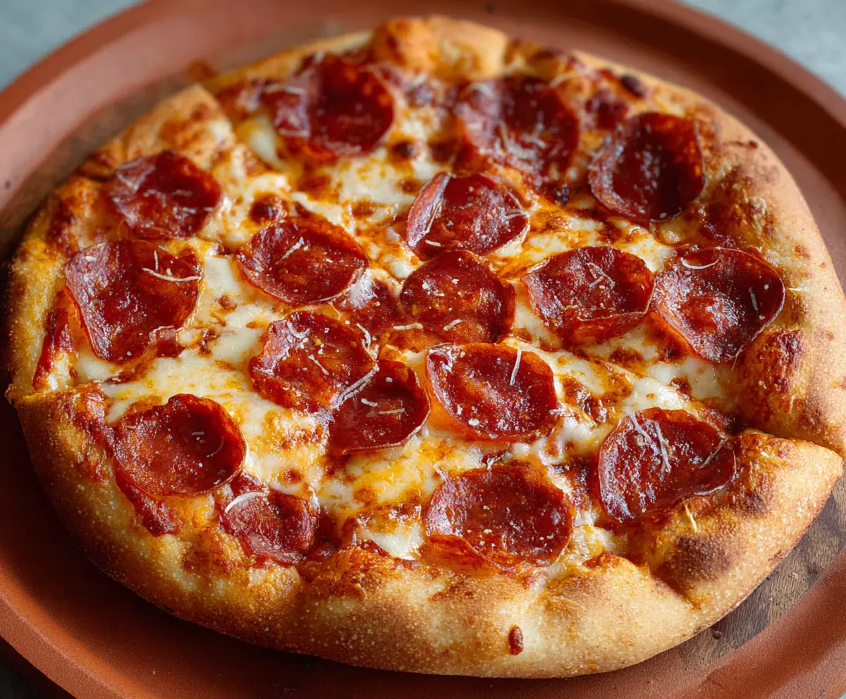 Delicious homemade pepperoni pizza with gooey cheese and crispy crust