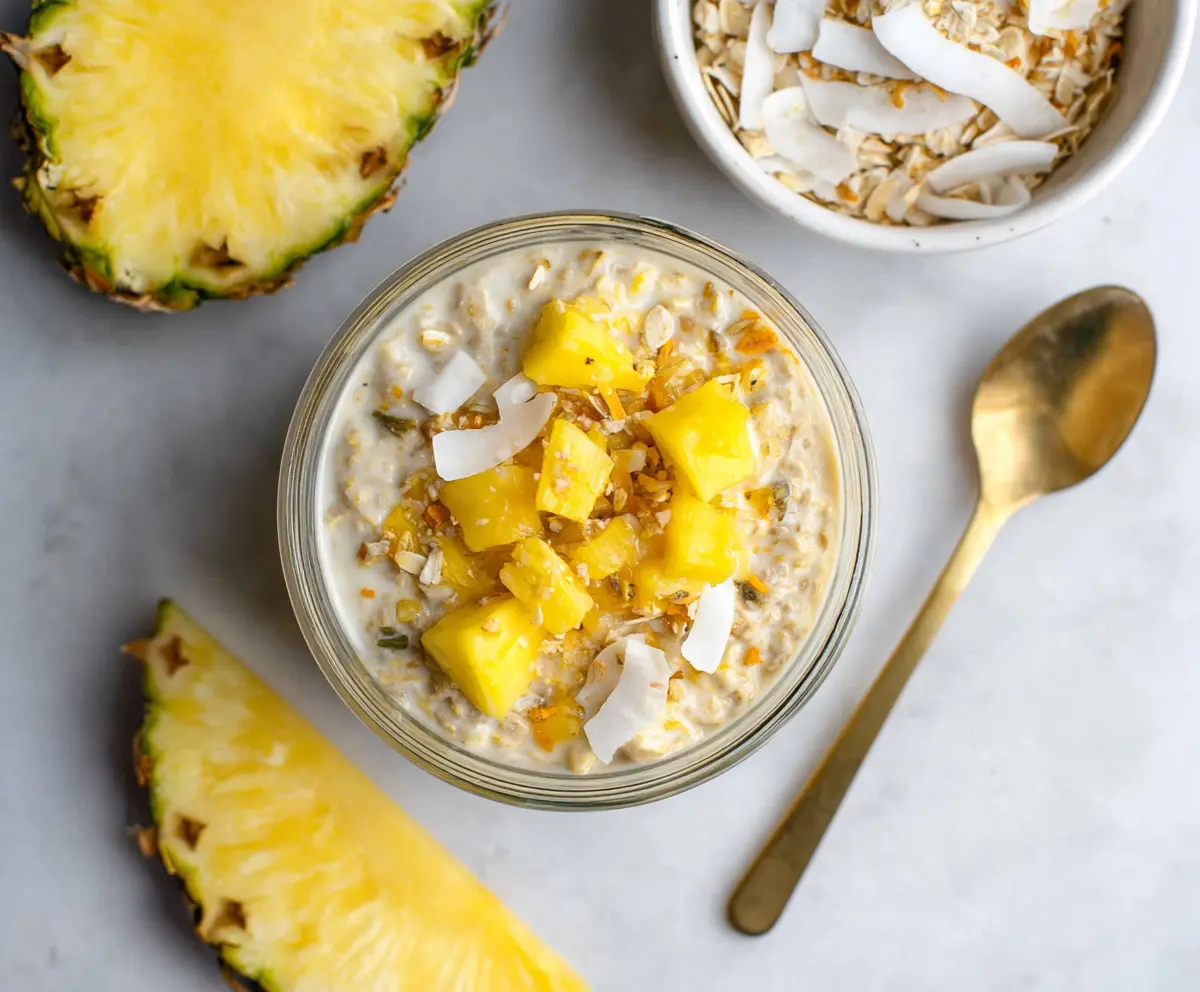 Creamy pineapple overnight oats in a glass jar topped with fresh pineapple chunks and chia seeds.