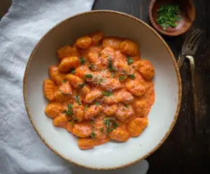 Vibrant pink gnocchi arranged on a plate with fresh herbs for a colorful pasta dish.