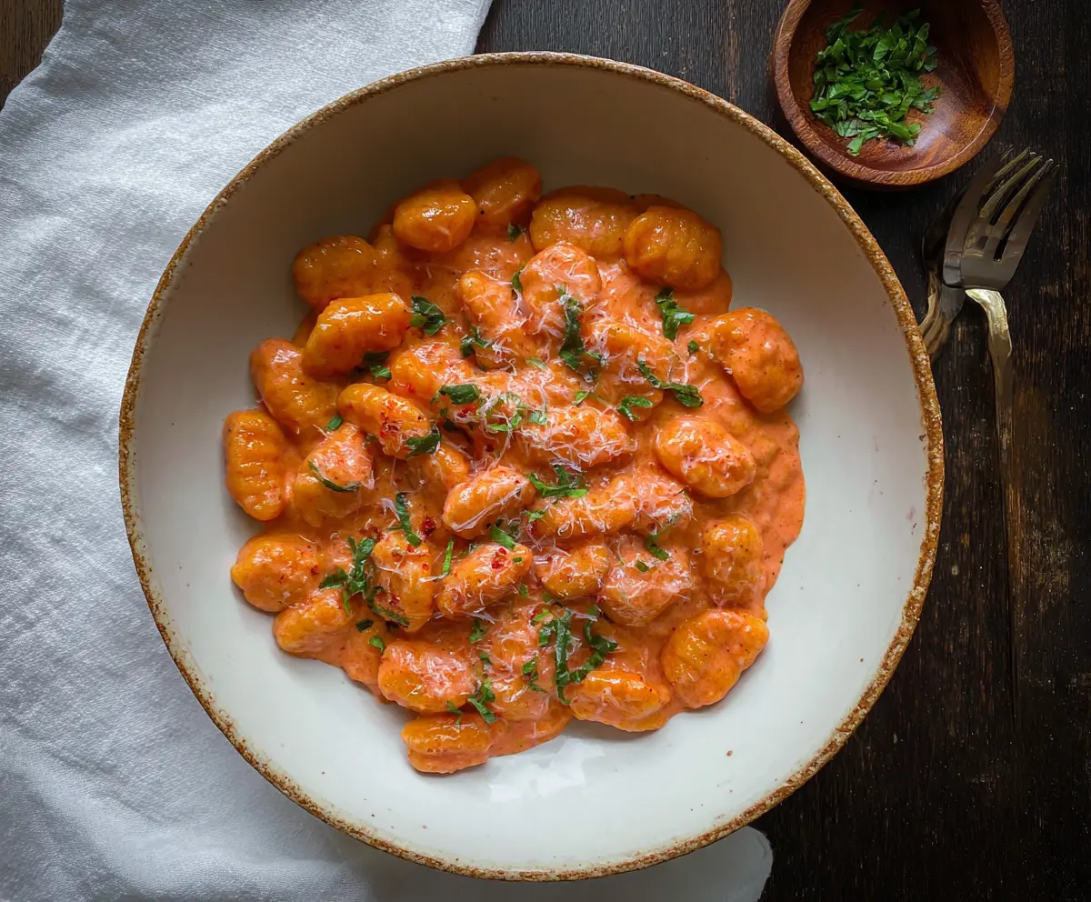 Vibrant pink gnocchi arranged on a plate with fresh herbs for a colorful pasta dish.