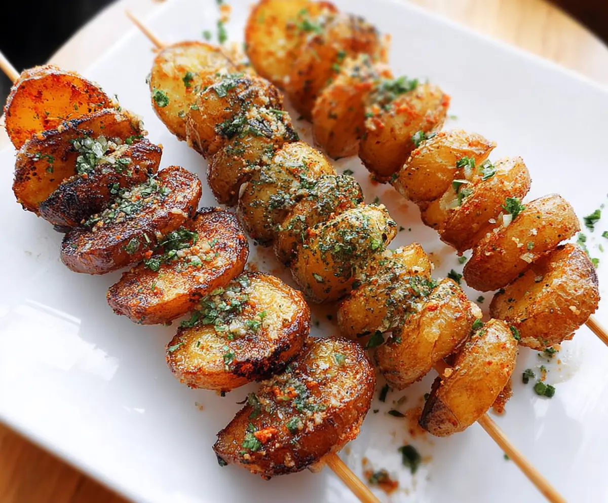 Delicious potato skewers grilled to perfection with herbs and spices.