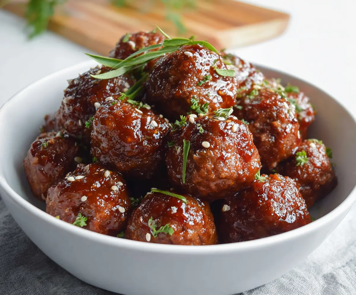 Delicious raspberry chipotle meatballs served on a white plate, garnished with fresh herbs.