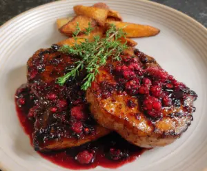 Juicy pork chops glazed with a vibrant raspberry sauce on a dinner plate.