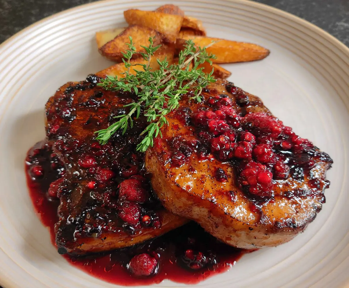 Juicy pork chops glazed with a vibrant raspberry sauce on a dinner plate.