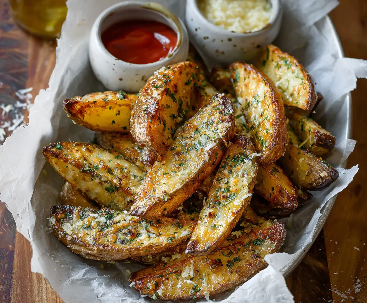 Crispy roasted garlic parmesan potato wedges served on a white plate for a delicious snack or side dish.