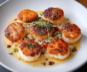Golden seared scallops served on a plate with lemon and herbs, perfect for a gourmet seafood dish.