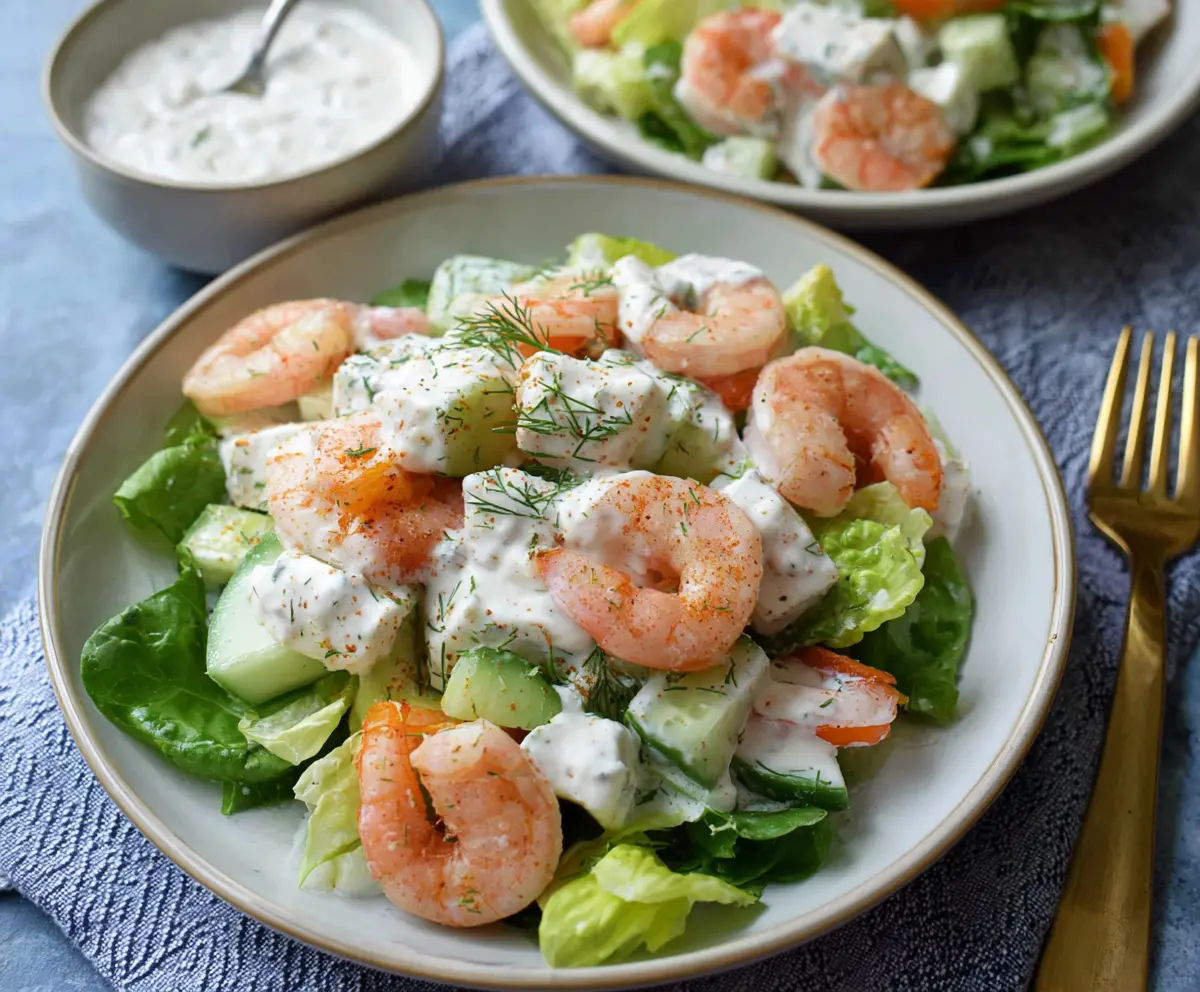 Fresh shrimp salad with creamy yogurt dressing and colorful vegetables on a plate